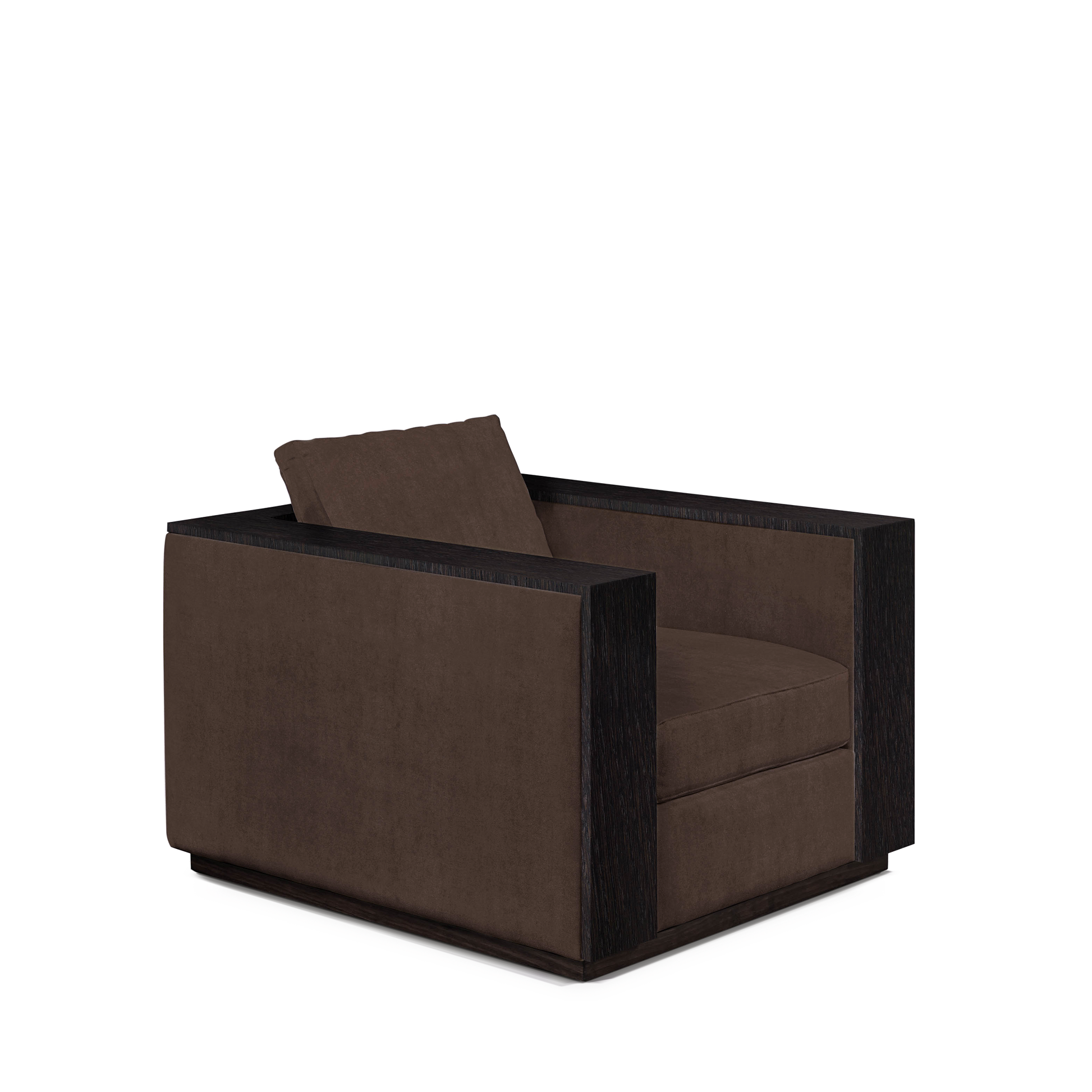 ROBLE ARMCHAIR with suede brown textile and chocolate wood 