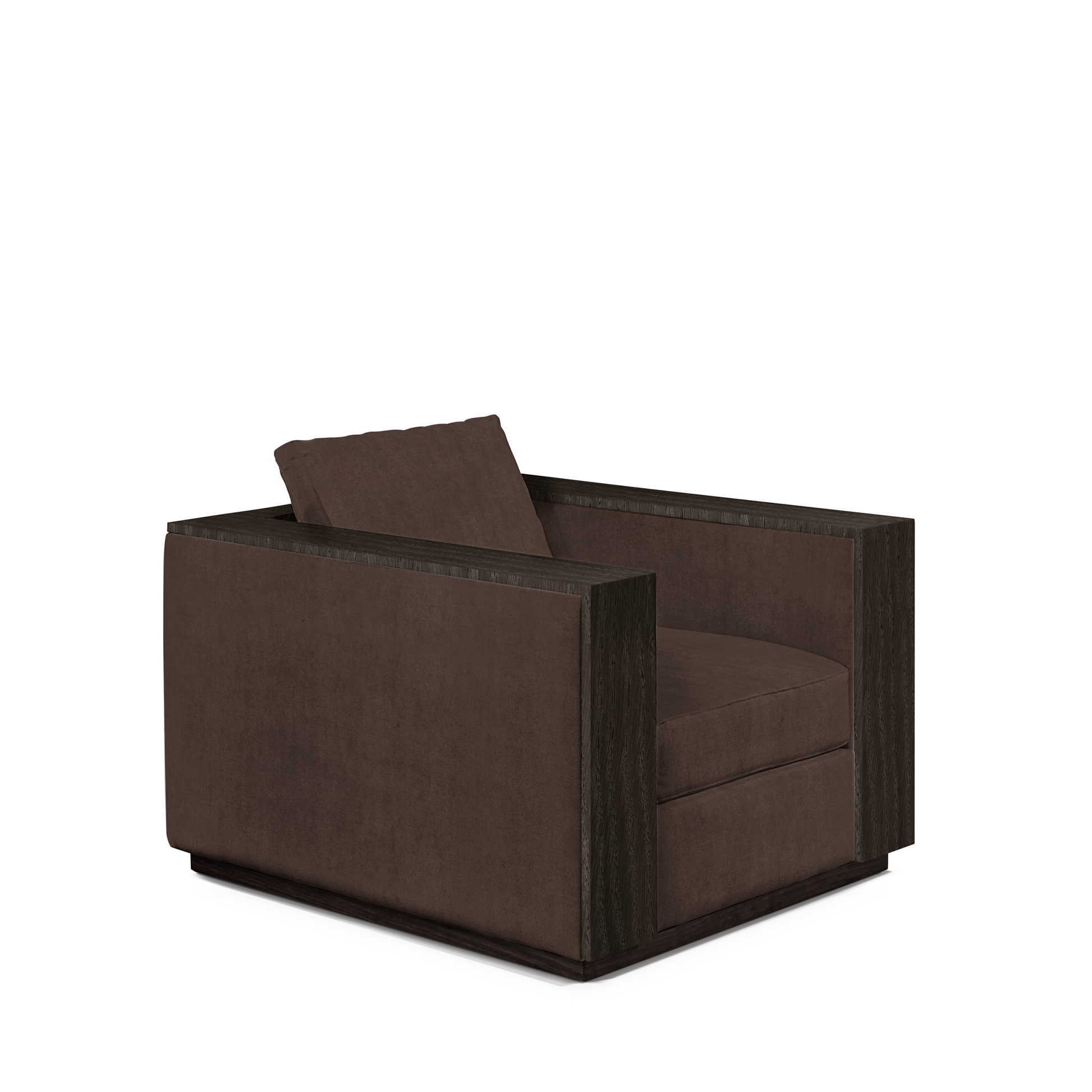 ROBLE ARMCHAIR with suede brown textile and dark grey wood 