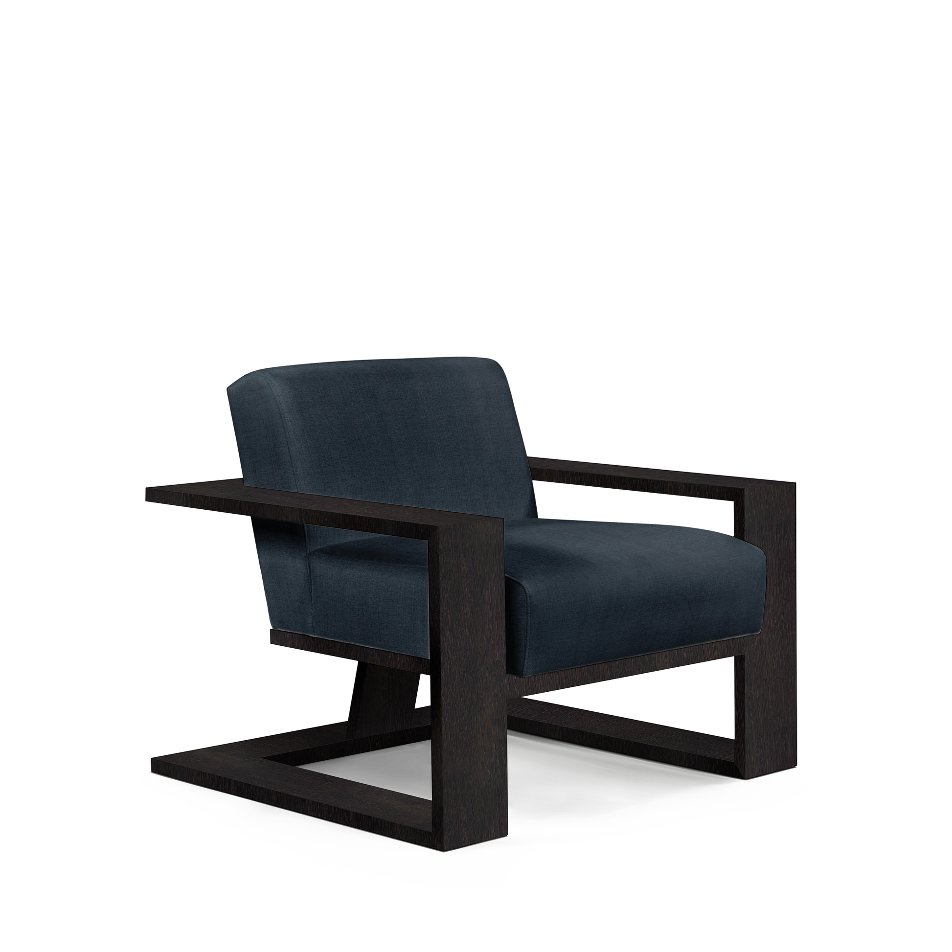 SIERRA ARMCHAIR with linco dark blue textile and chocolate wood 