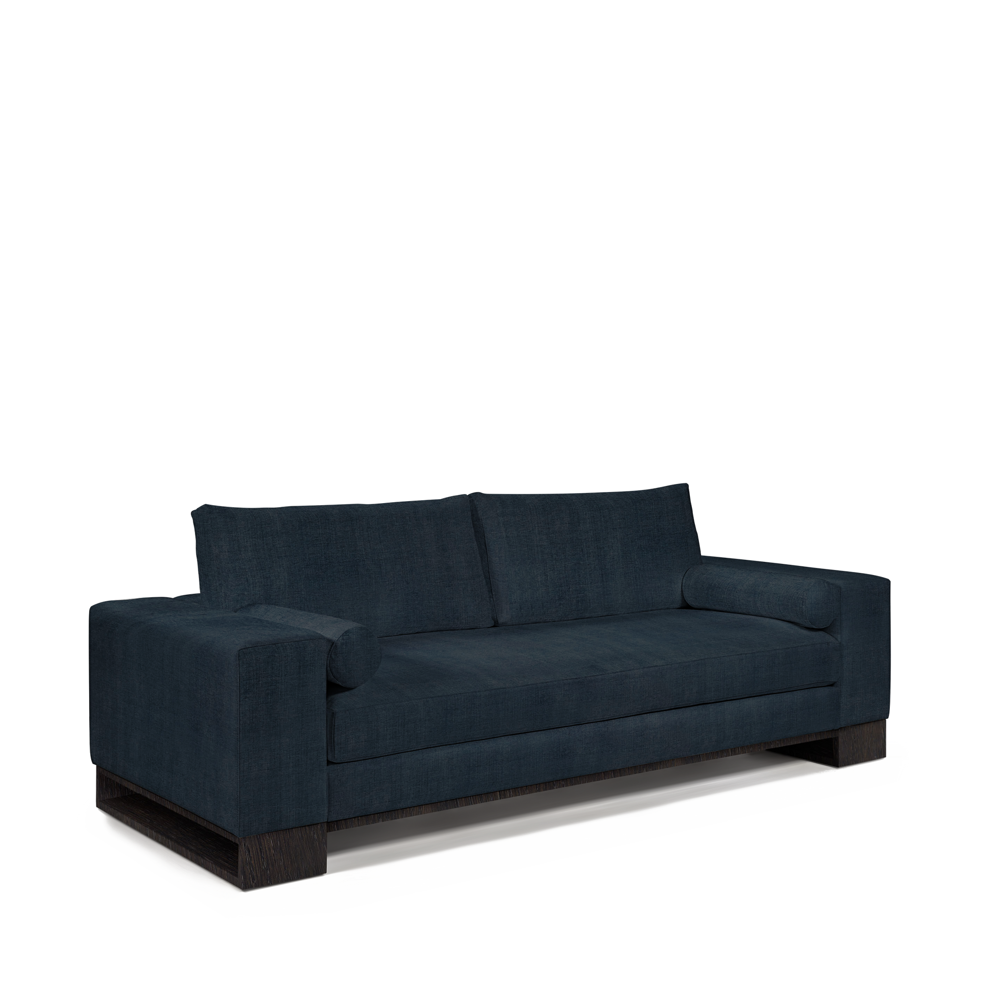 TERRA 2,5-seater sofa with dark linco blue textile and chocolate wood legs 