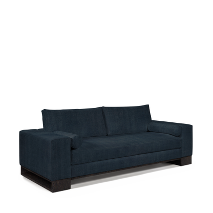 TERRA 2,5-seater sofa with dark linco blue textile and chocolate wood legs 