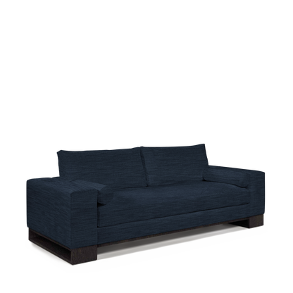 TERRA 2,5-seater sofa with rocco dark blue textile and chocolate wood legs 