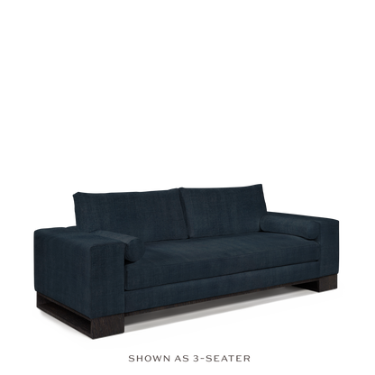 TERRA 2-seater sofa with linco dark blue textile and chocolate wood legs