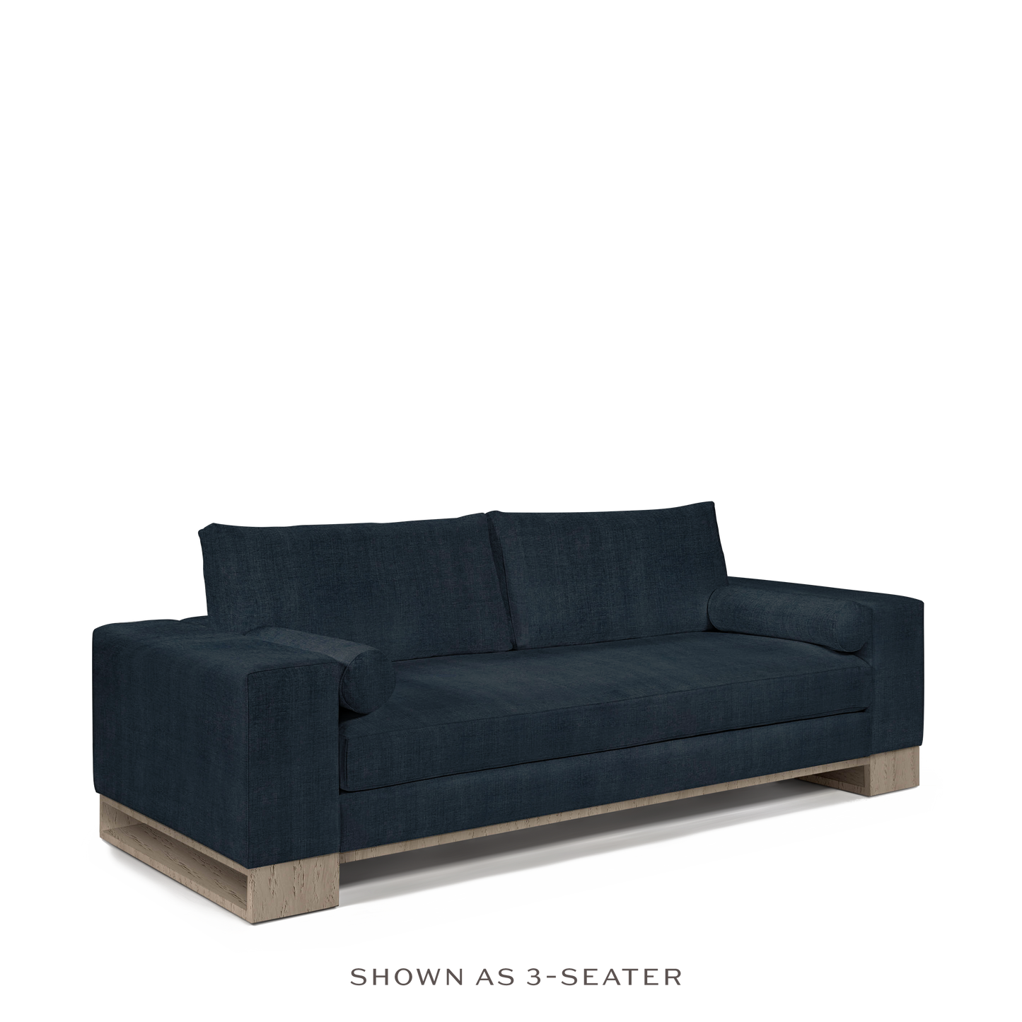 TERRA 2-seater sofa with dark linco blue textile and natural grey wood legs 