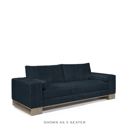 TERRA 2-seater sofa with dark linco blue textile and natural grey wood legs 