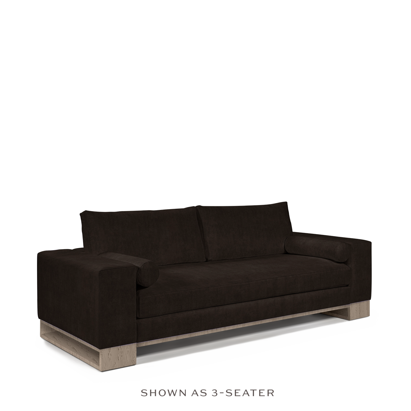 TERRA 2-seater sofa with dark brown textile and natural grey wood legs 