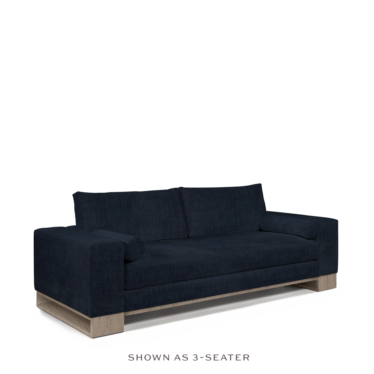 TERRA 2-seater sofa with dark blue textile and natural wood legs 