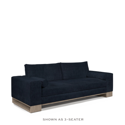 TERRA 2-seater sofa with dark blue textile and natural wood legs 