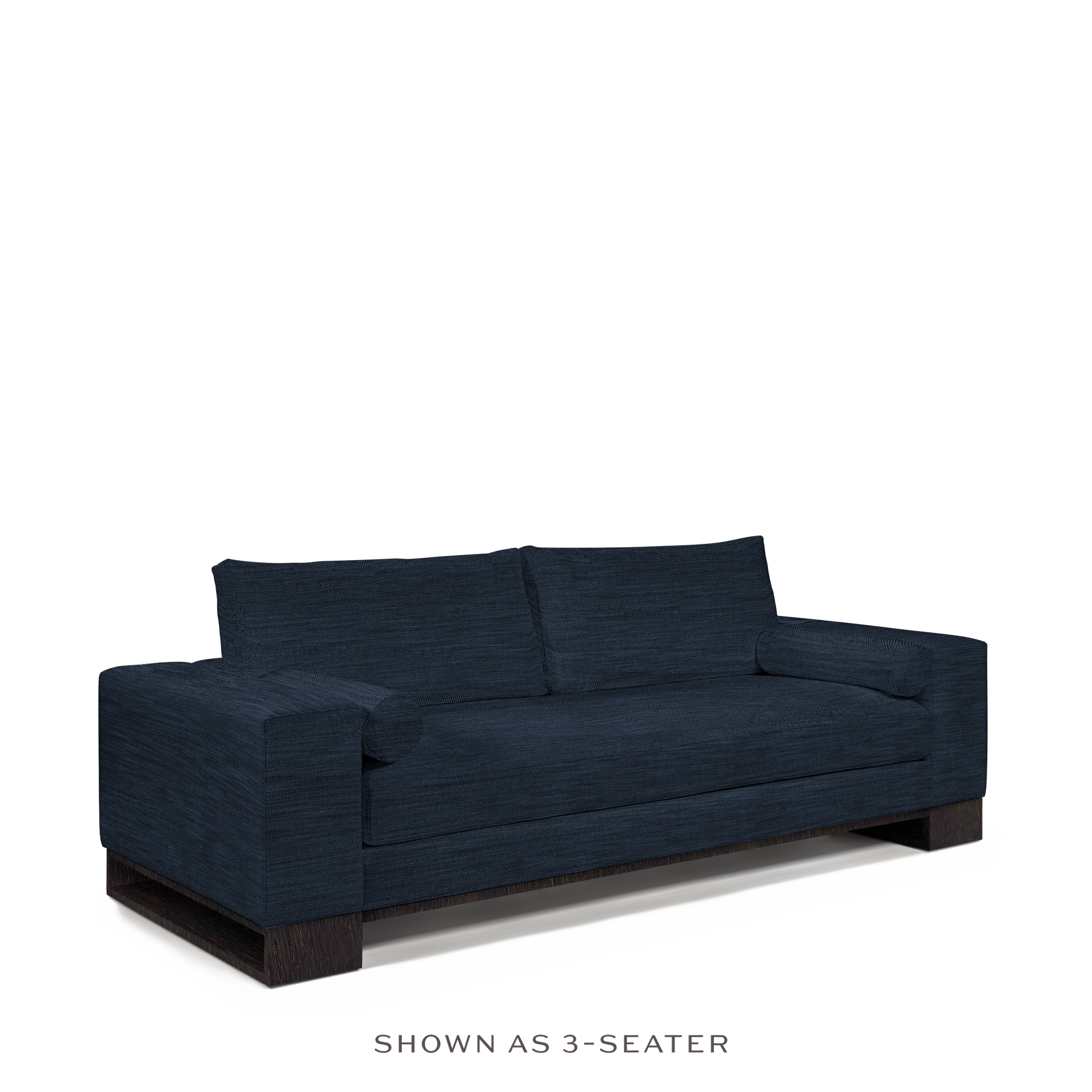TERRA 2-seater sofa with rocco dark blue textile with chocolate wood legs 