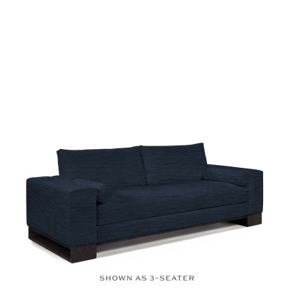 TERRA 2-seater sofa with rocco dark blue textile with chocolate wood legs 